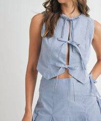Mable - Gingham Tie Front Bow Tie Top Pleated Mini Skirt Set
