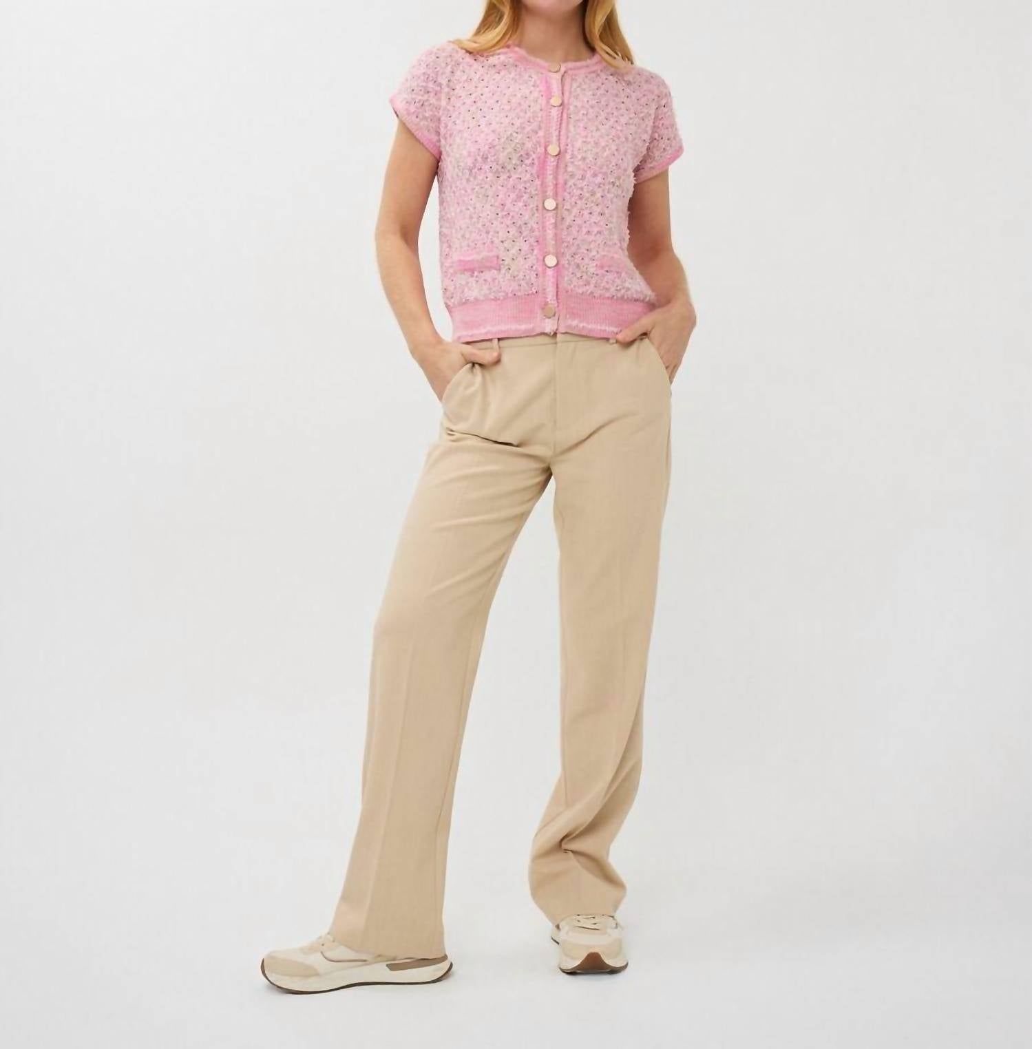 ESQUALO Fie Fancy Knit Short Sleeve Cardigan in rose - women's cardigan - detail view