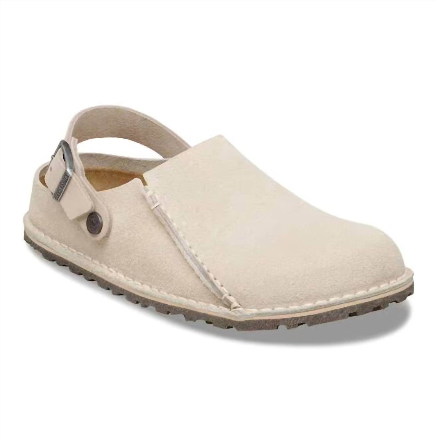 BIRKENSTOCK Women's Lutry Premium Suede Clog in oyster - women's shoe - detail view