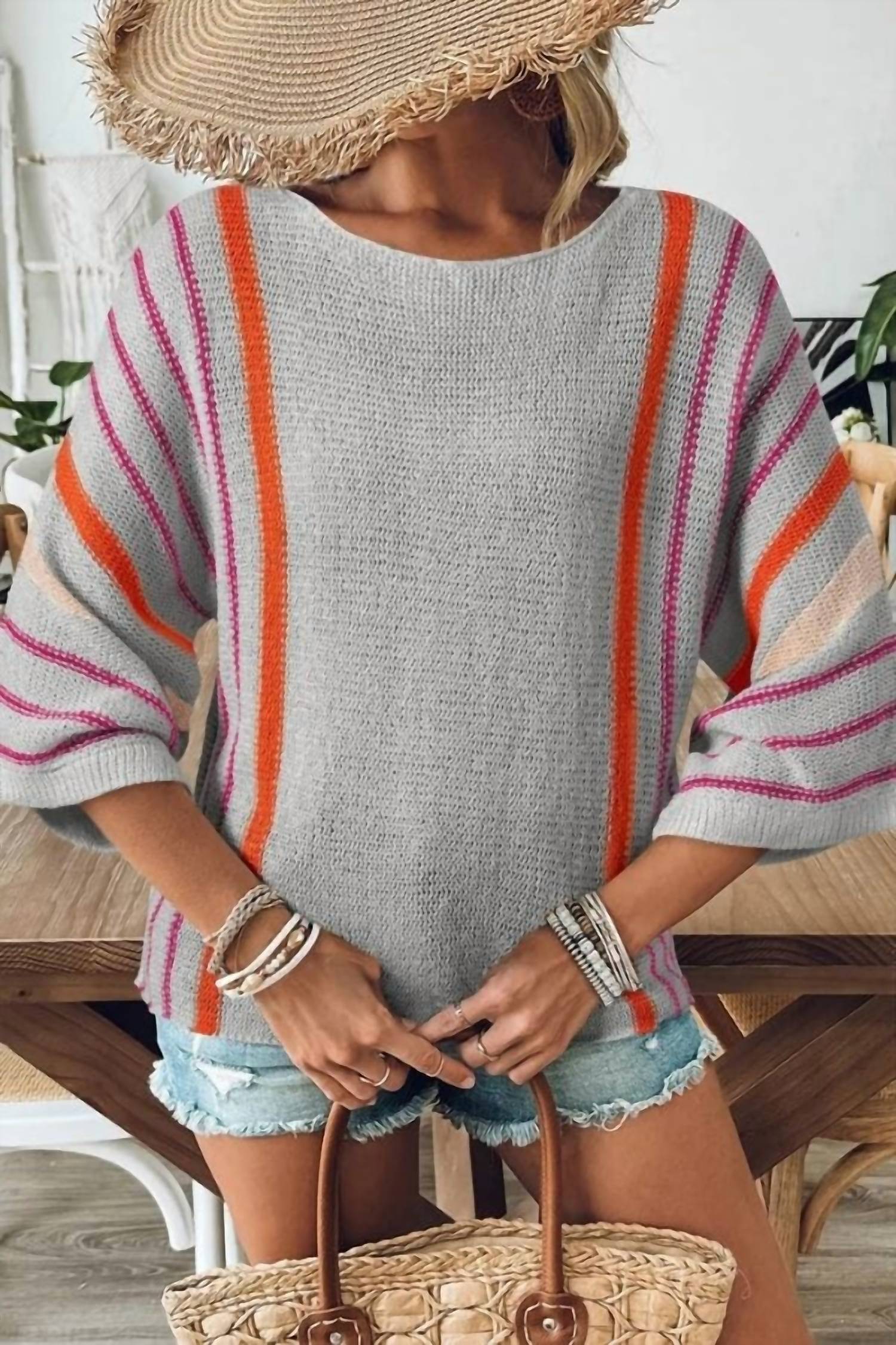 1 The Woman Striped Detail Wide Sleeve Lightweight Knitted Sweater in gray - women's sweater