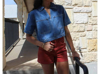 MIOU MUSE V-Neck Front Pocket Short Sleeve Top in medium denim 1 - women's blouse - detail view