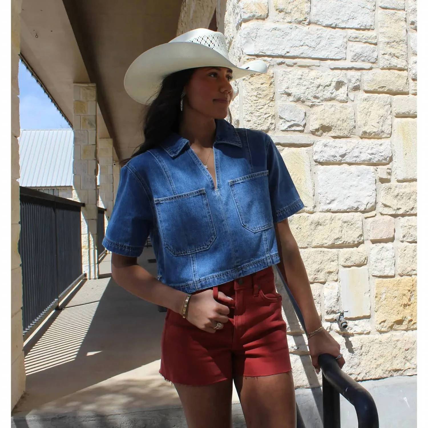 MIOU MUSE V-Neck Front Pocket Short Sleeve Top in medium denim 1 - women's blouse - alternate view