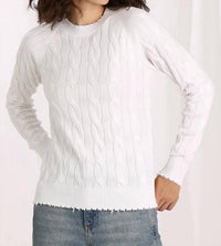 Minnie Rose - Cotton Cable Crewneck Frayed Edges Sweater