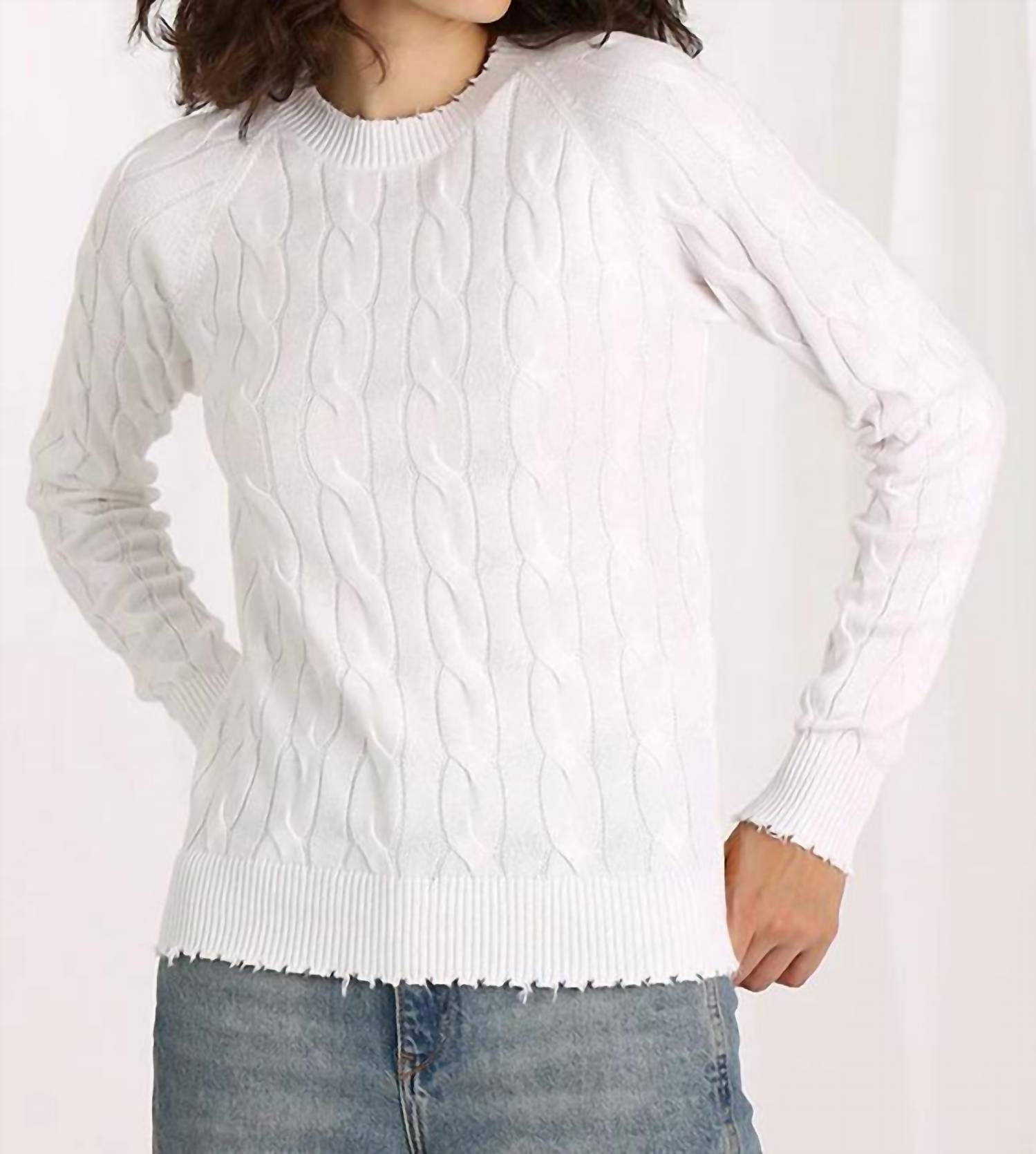 Minnie Rose - Cotton Cable Crewneck Frayed Edges Sweater