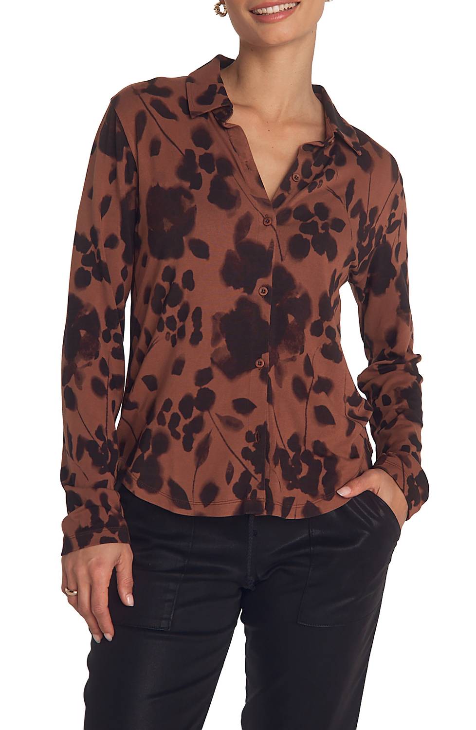 Bella Dahl Button Up Knit Printed Shirt in autumn floral print - women's shirt
