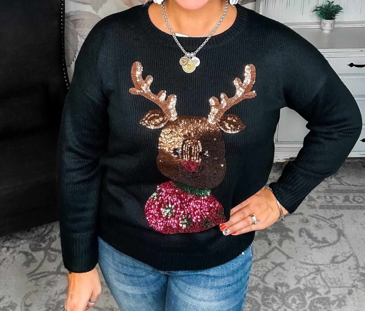 Andree By Unit - Christmas Rudolph Sequin Long Sleeve Sweater