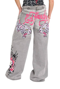 Ed Hardy Skull Flame Baggy Jeans in light grey - women's jeans - view 6