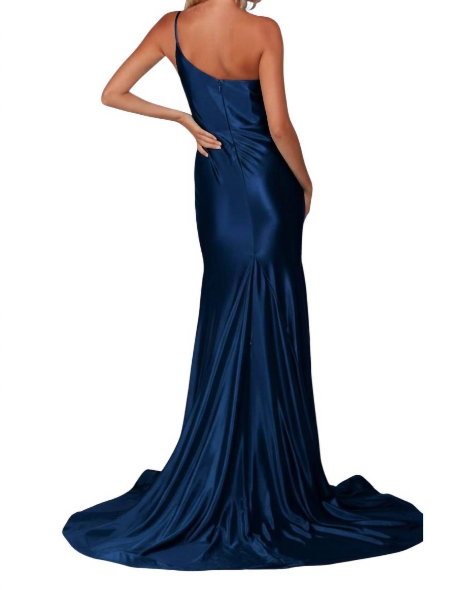 ALYCE PARIS Sleek One-shoulder Strappy High Slit Long Dress in midnight - women's dress - detail view