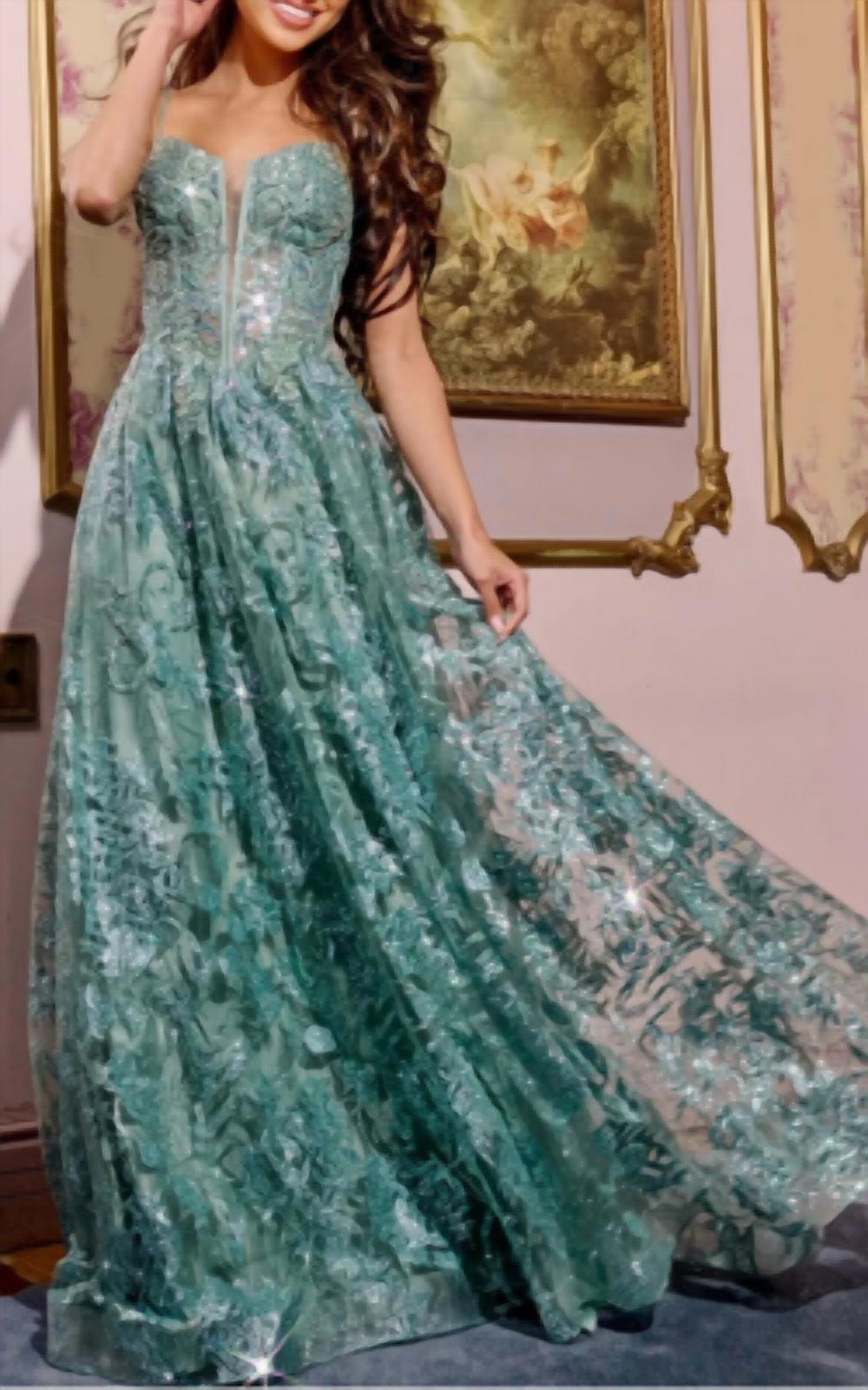Jovani - Spaghetti Strap A-Line Gown with Embellished Bodice