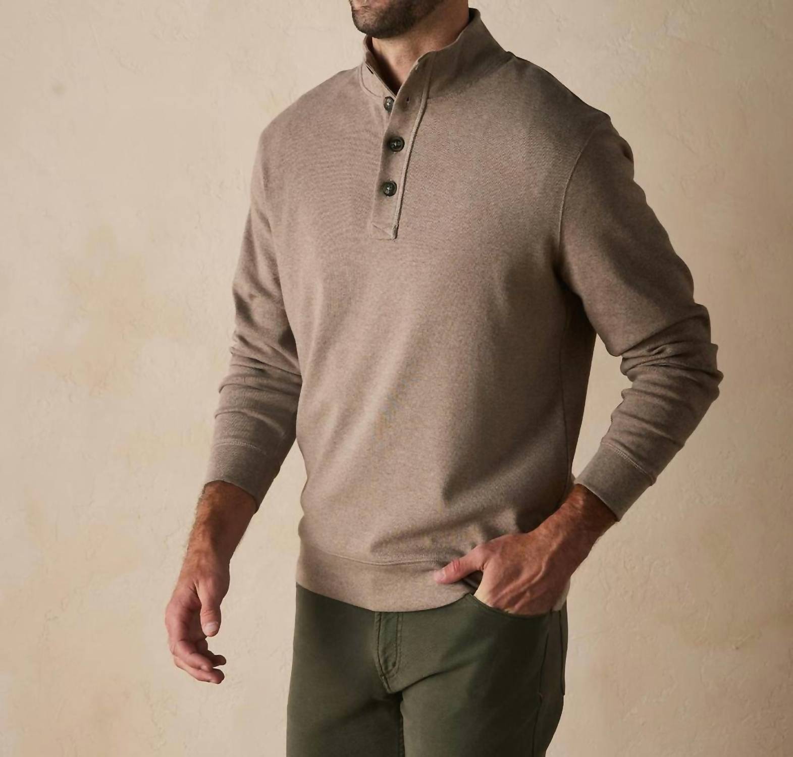 The Normal Brand Puremeso Button Popover Top in taupe - men's long sleeve top