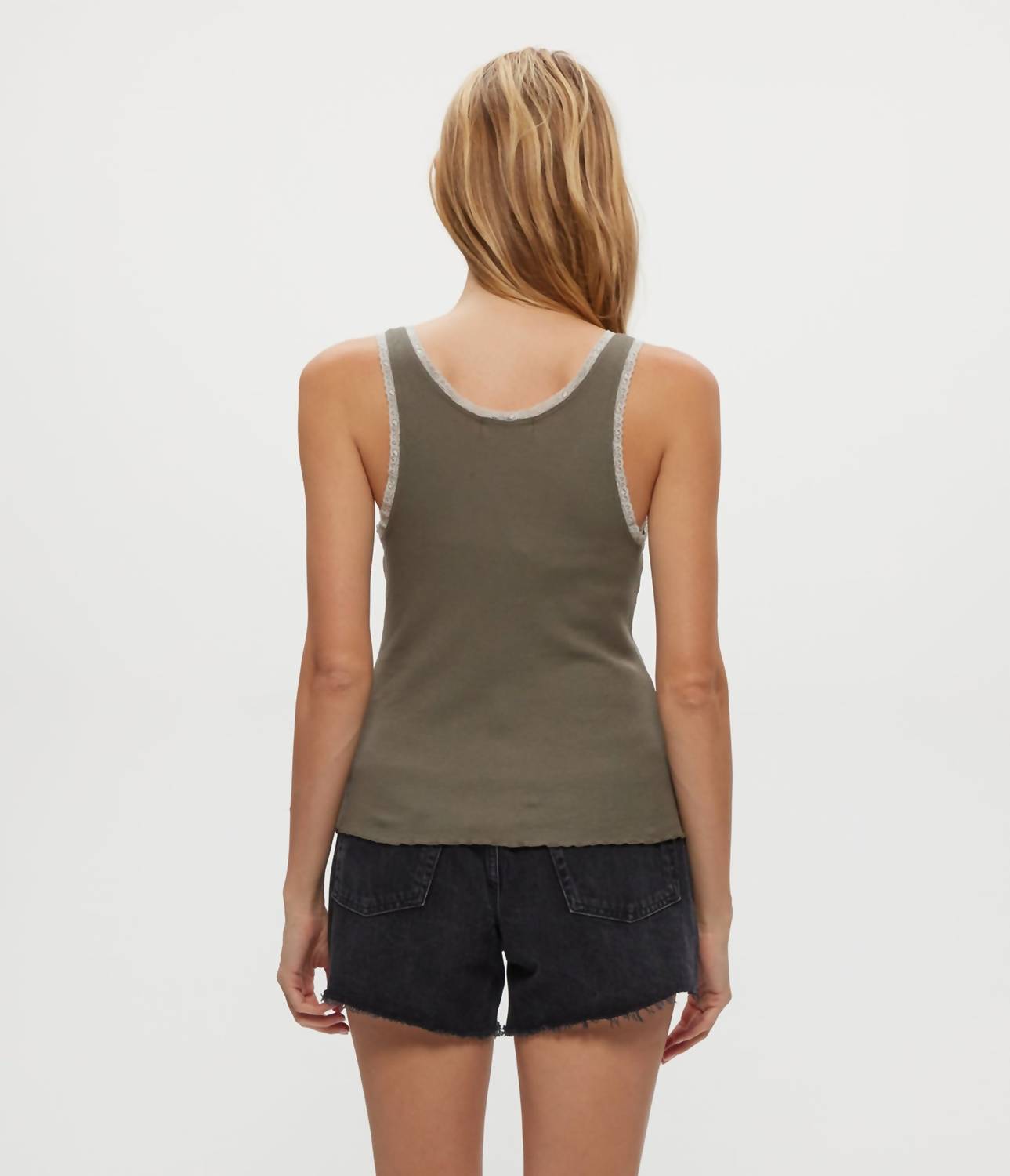 Michael Stars Miley Ribbed Lace Tank Top in olive - women's tank top - alternate view
