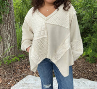 Pol - Patchwork Long Sleeve V Neck Top