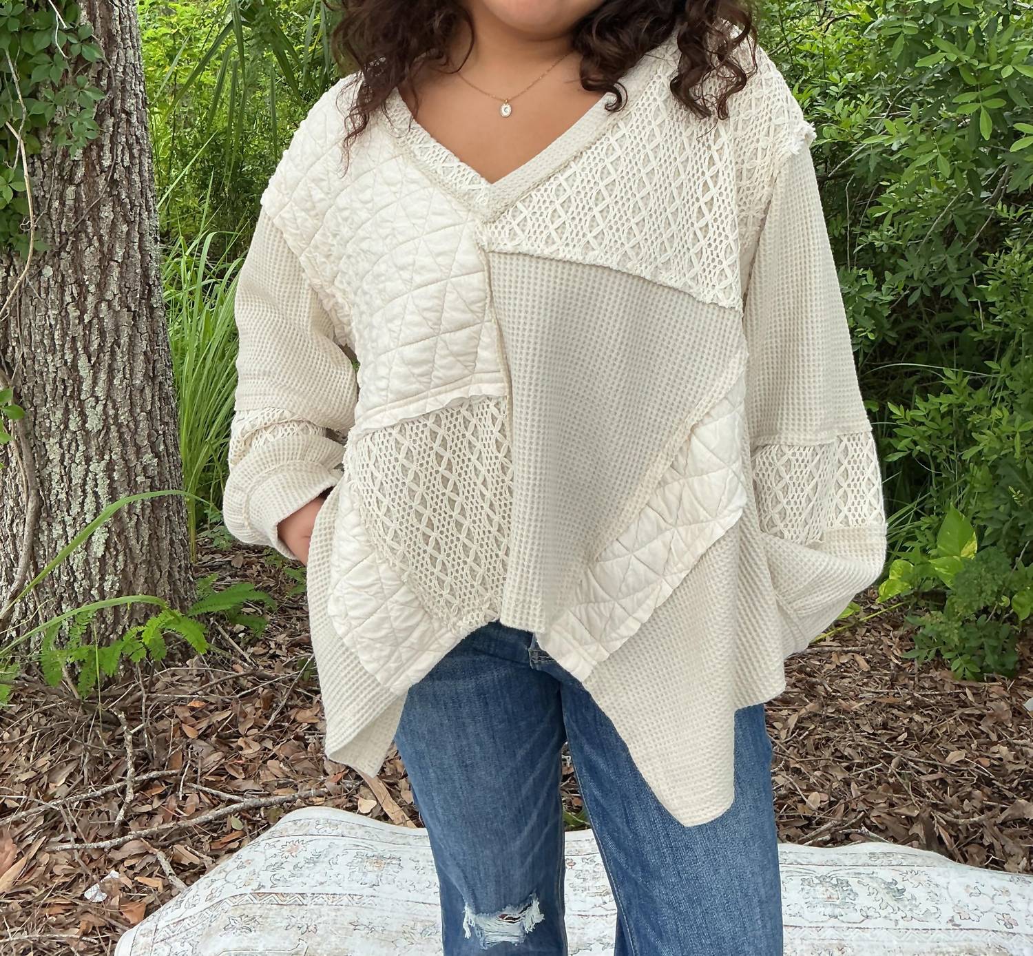 Pol - Patchwork Long Sleeve V Neck Top