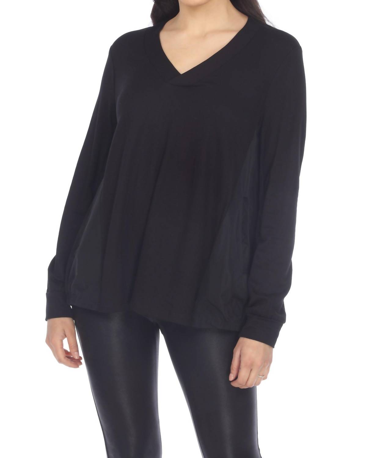 Joseph Ribkoff Mixed Panels V-neck Long Sleeve Top in black - women's blouse - detail view