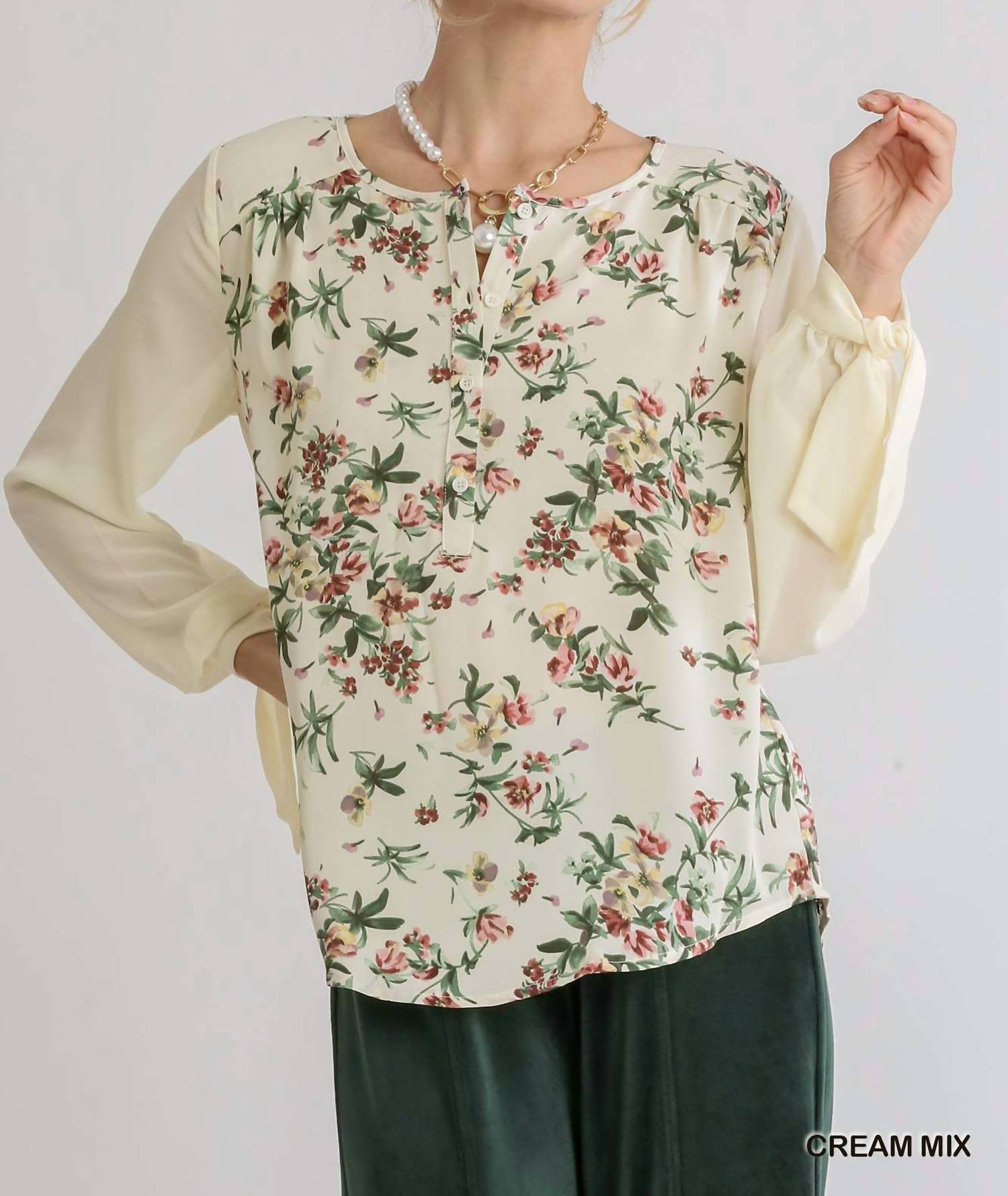 Umgee - Mixed Floral Print Half-button Front Top