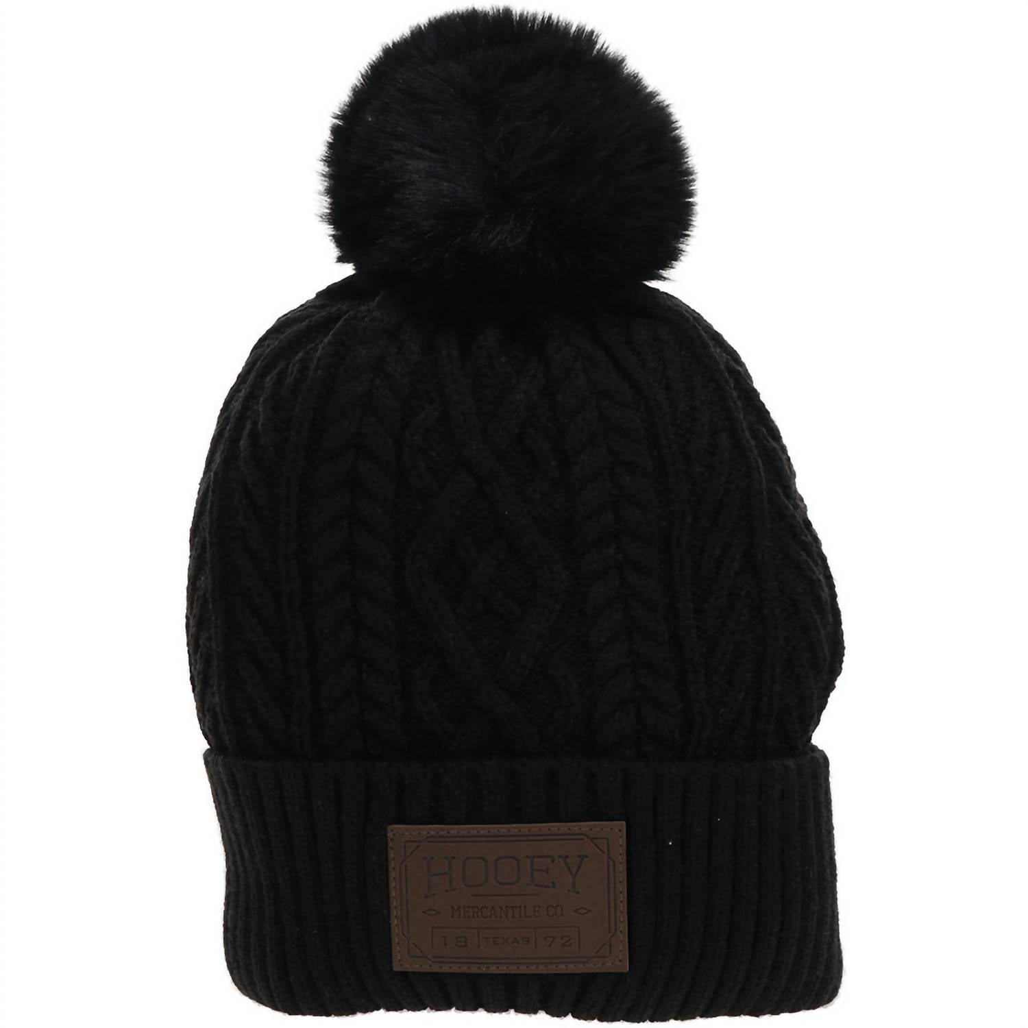 Hooey - Unisex Winter Leather Patch Pom Beanie