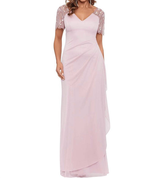 Xscape - Lana Long V-neck Beaded Flutter Sleeve Dress