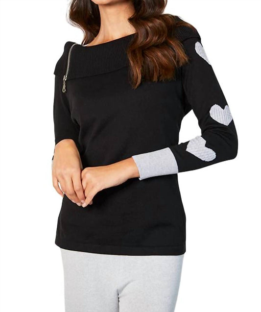 Zip Ribbed Cowl Neck with Heart Detail