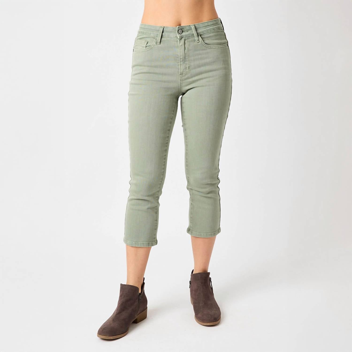 Judy Blue Mid-rise Garment Dyed Capri Pants in sage green - women's pants