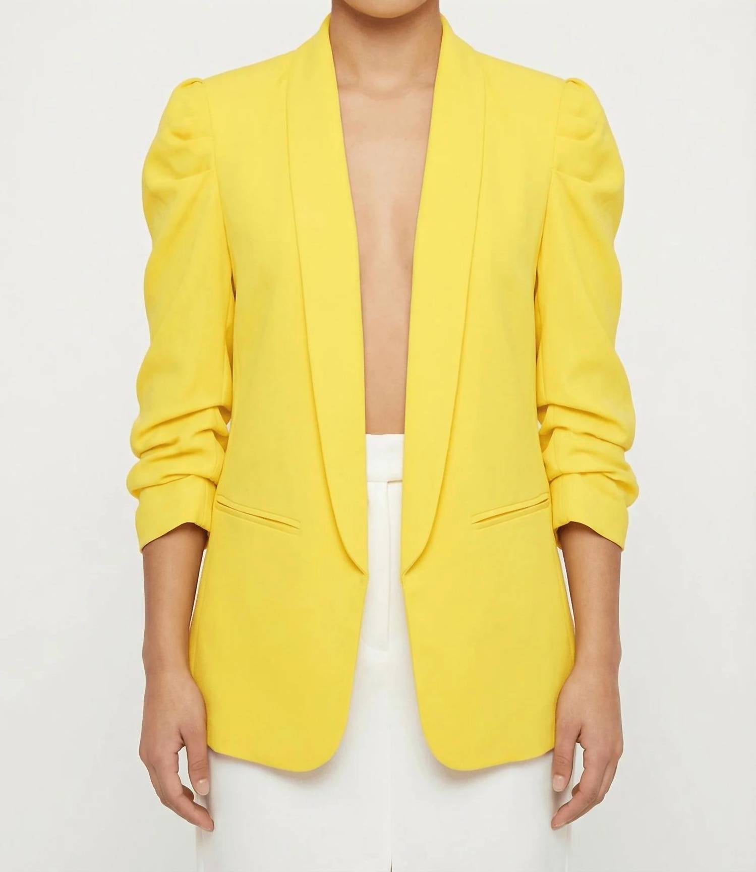 Linzy - Ruched Puff Sleeve Open-Front Blazer