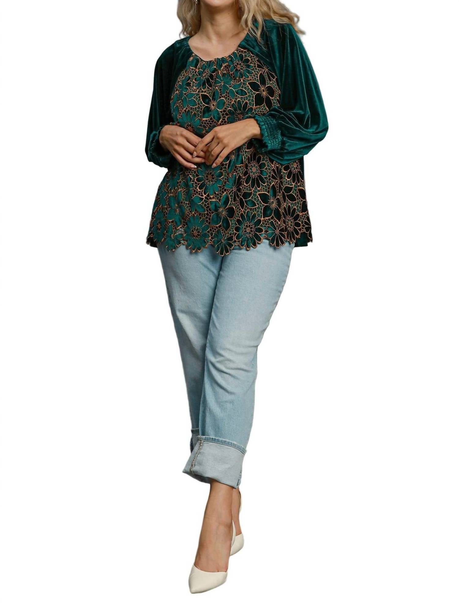 Umgee - Women's Floral Lace Velvet Top