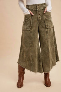 AnnieWear Corduroy Cropped Wide Leg Pants in olive - women's pants