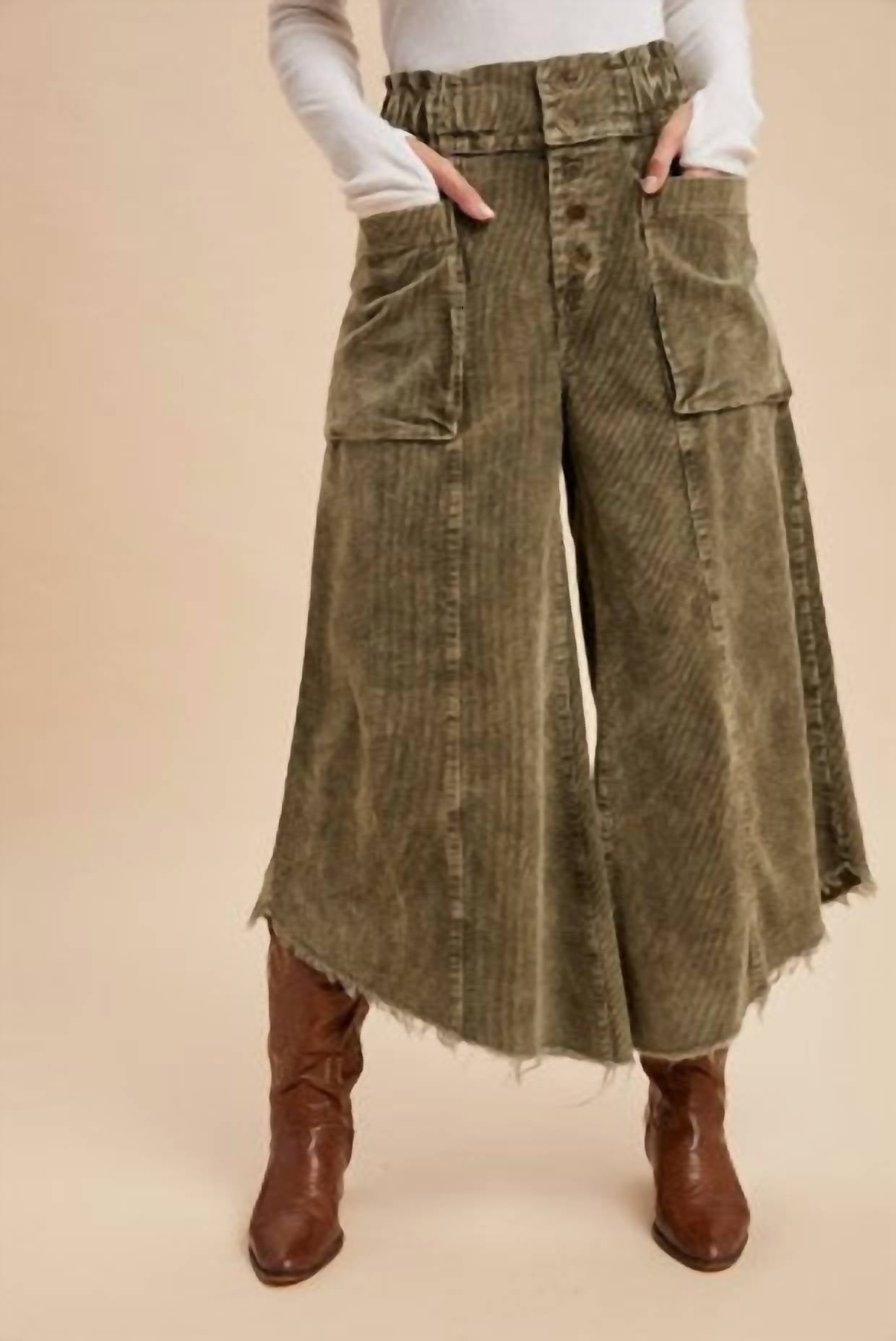 AnnieWear Corduroy Cropped Wide Leg Pants in olive - women's pants