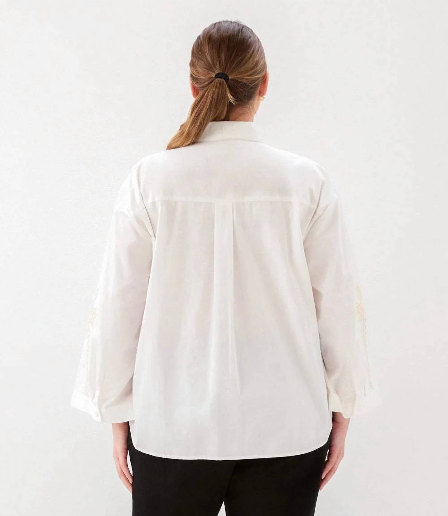 Karen Kane - Bell Sleeve Embroidered Palm Tree Shirt - Plus