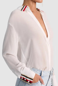 alice + olivia Dimitra Oversized Hi Lo Button Down Shirt with Trim in white - women's blouse - detail view