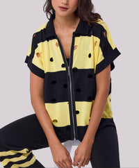 Angel Apparel - Stripe & Cut Out Knit Zip Up Top