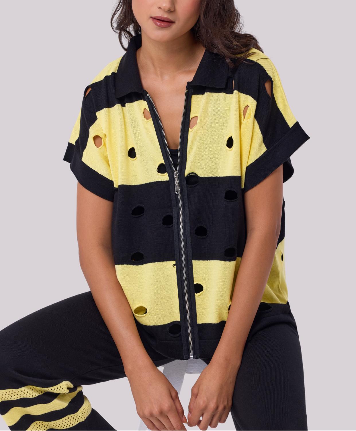 Angel Apparel - Stripe & Cut Out Knit Zip Up Top