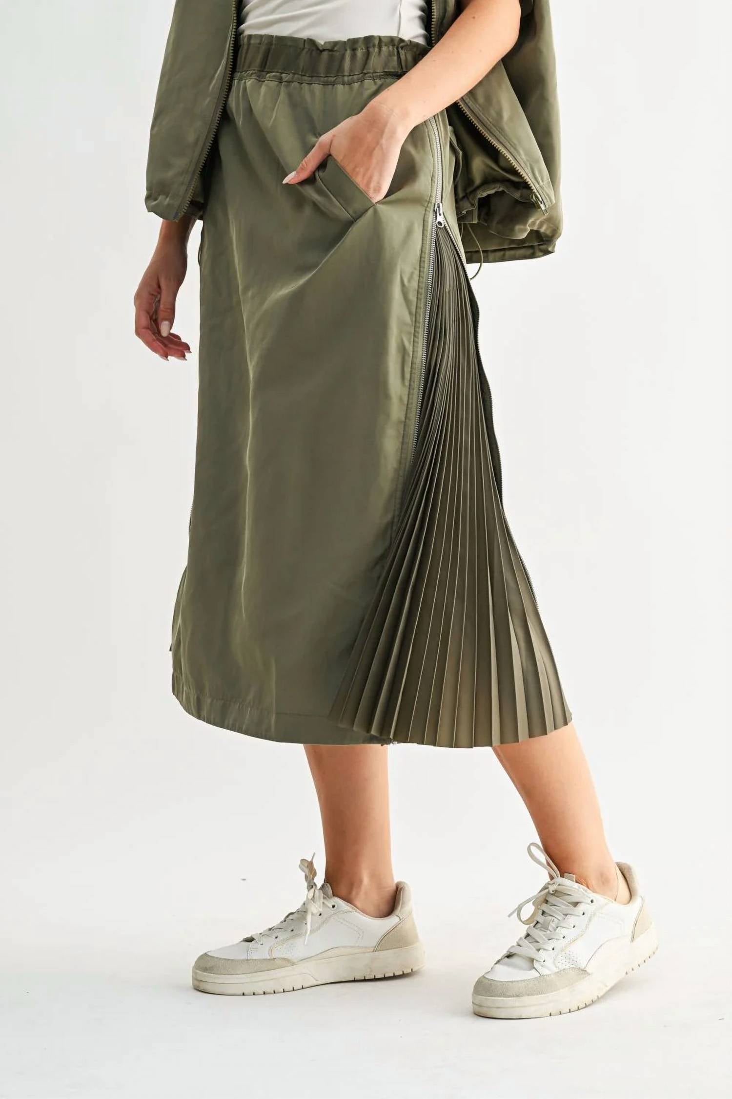 Joh Jelani Skirt With Pleated Zipper Sides in olive - women's skirt - detail view