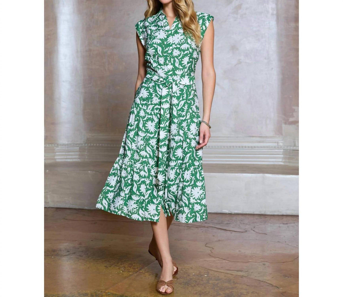 Current Air - Floral Printed Button Down Midi Dress