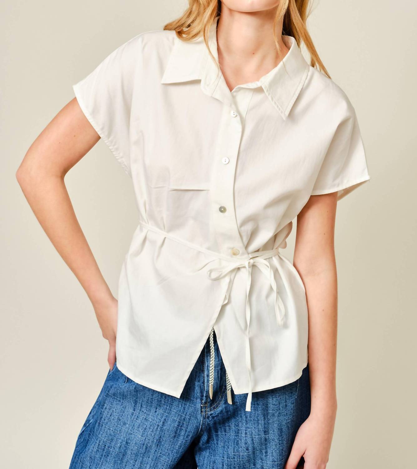 Aaron & Amber - Belted Detail Button Top