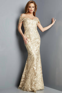 Jovani - Shawl Sleeves Embroidered Dress