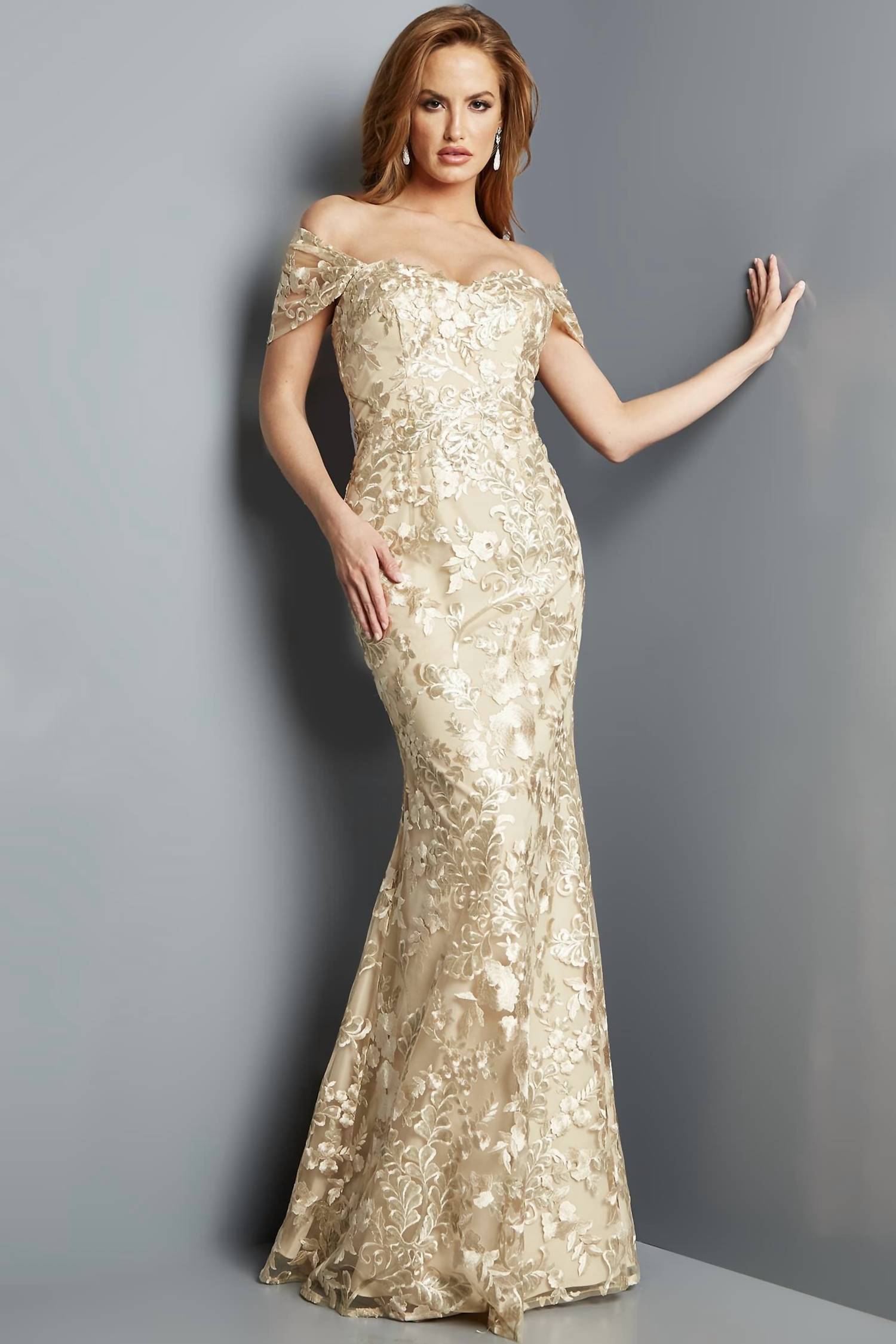 Jovani - Shawl Sleeves Embroidered Dress