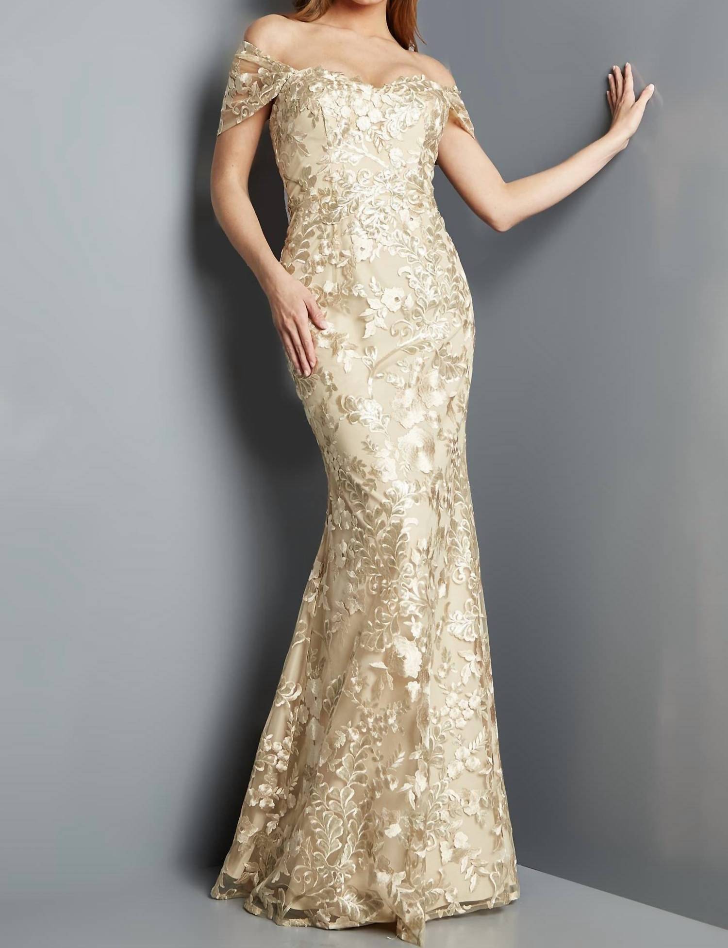 Jovani - Shawl Sleeves Embroidered Dress