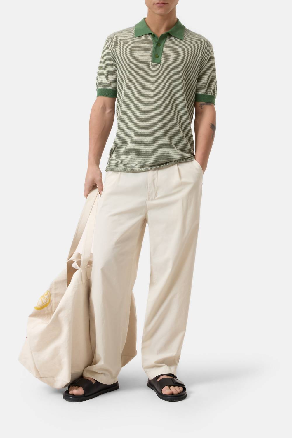 CLOSED Striped Linen Blend Polo Shirt in ranger green - men's shirt - alternate view