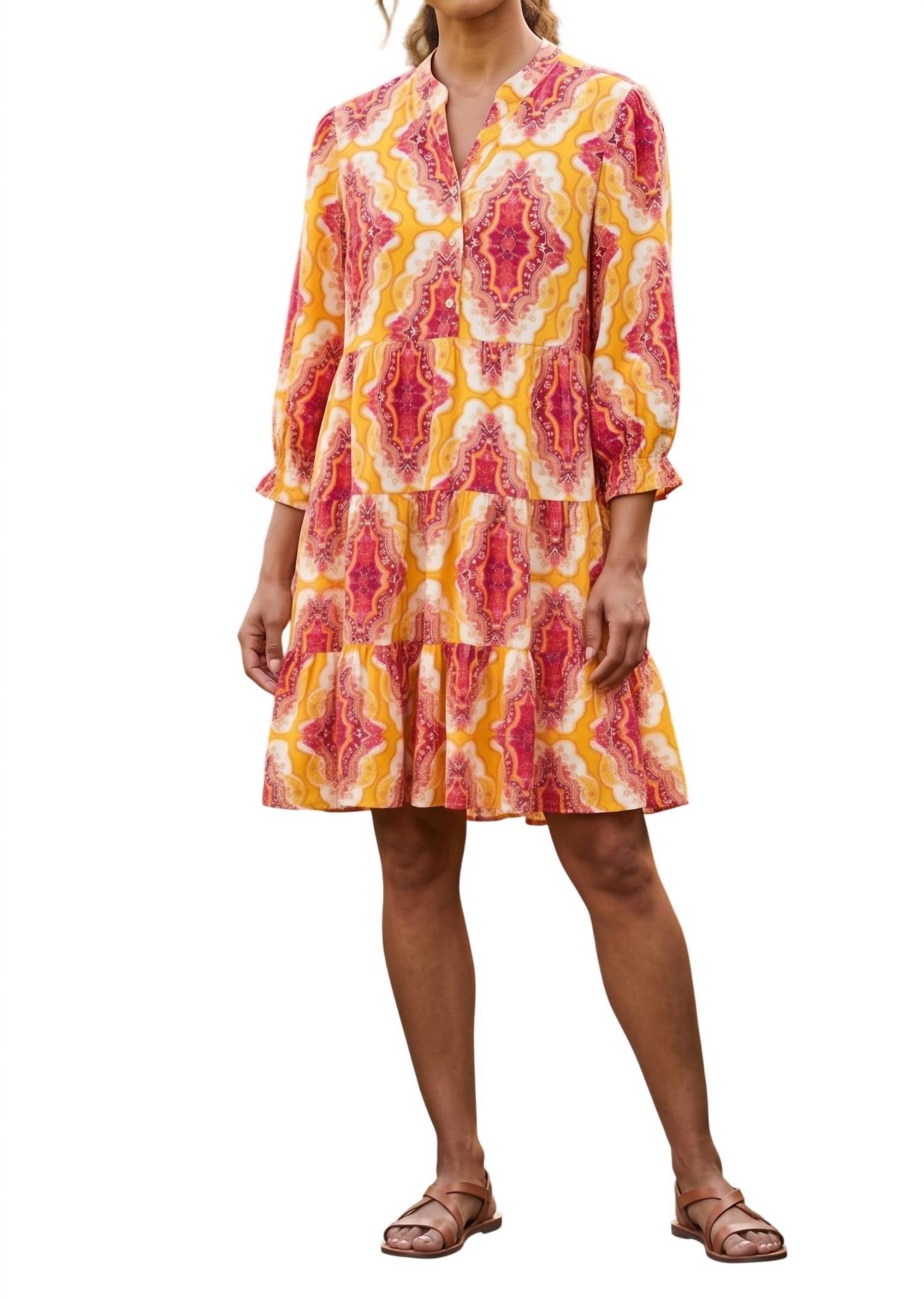 Uncle Frank Long Sleeve Ruffled Dress in yellow pink - women's dress