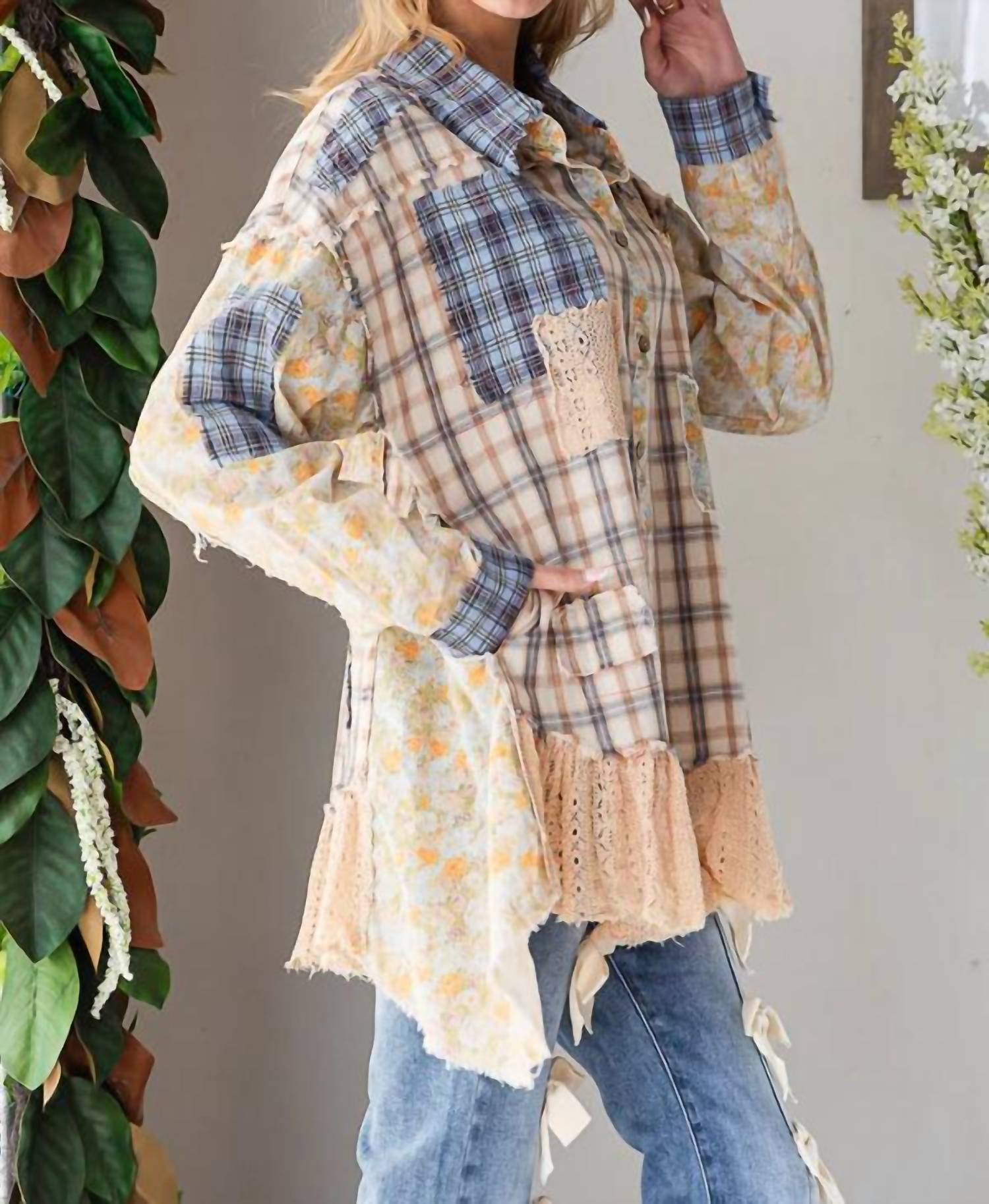 Oli & Hali - Washed Ruffle Hem Plaid Mix Top