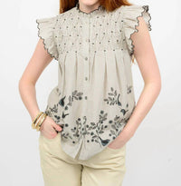 Ivy Jane Bird Border Button Front Top in beige - women's blouse