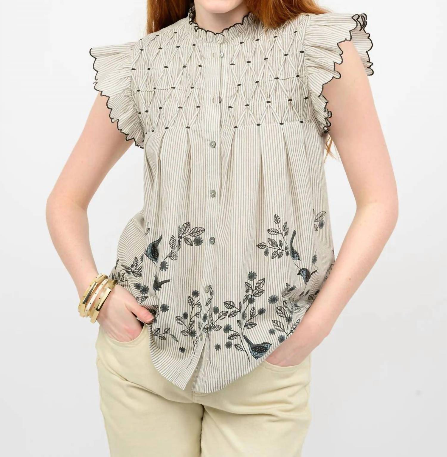 Ivy Jane Bird Border Button Front Top in beige - women's blouse