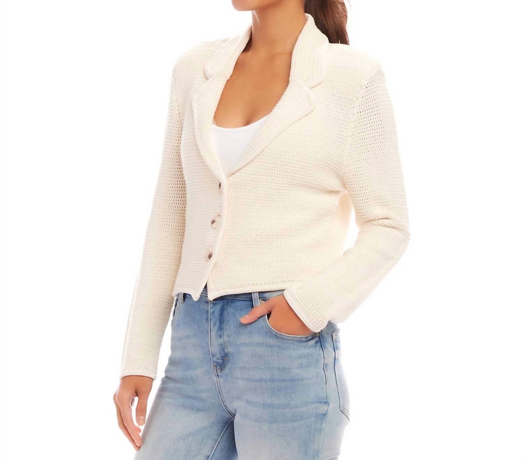 Karen Kane Button Up Blazer Sweater Top in cream - women's jacket - detail view