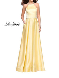 La Femme Hi-Neck Satin X-Back Gown in pale yellow - women's dress