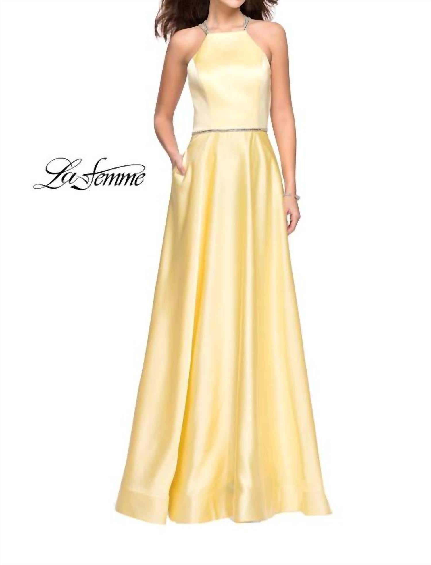 La Femme Hi-Neck Satin X-Back Gown in pale yellow - women's dress