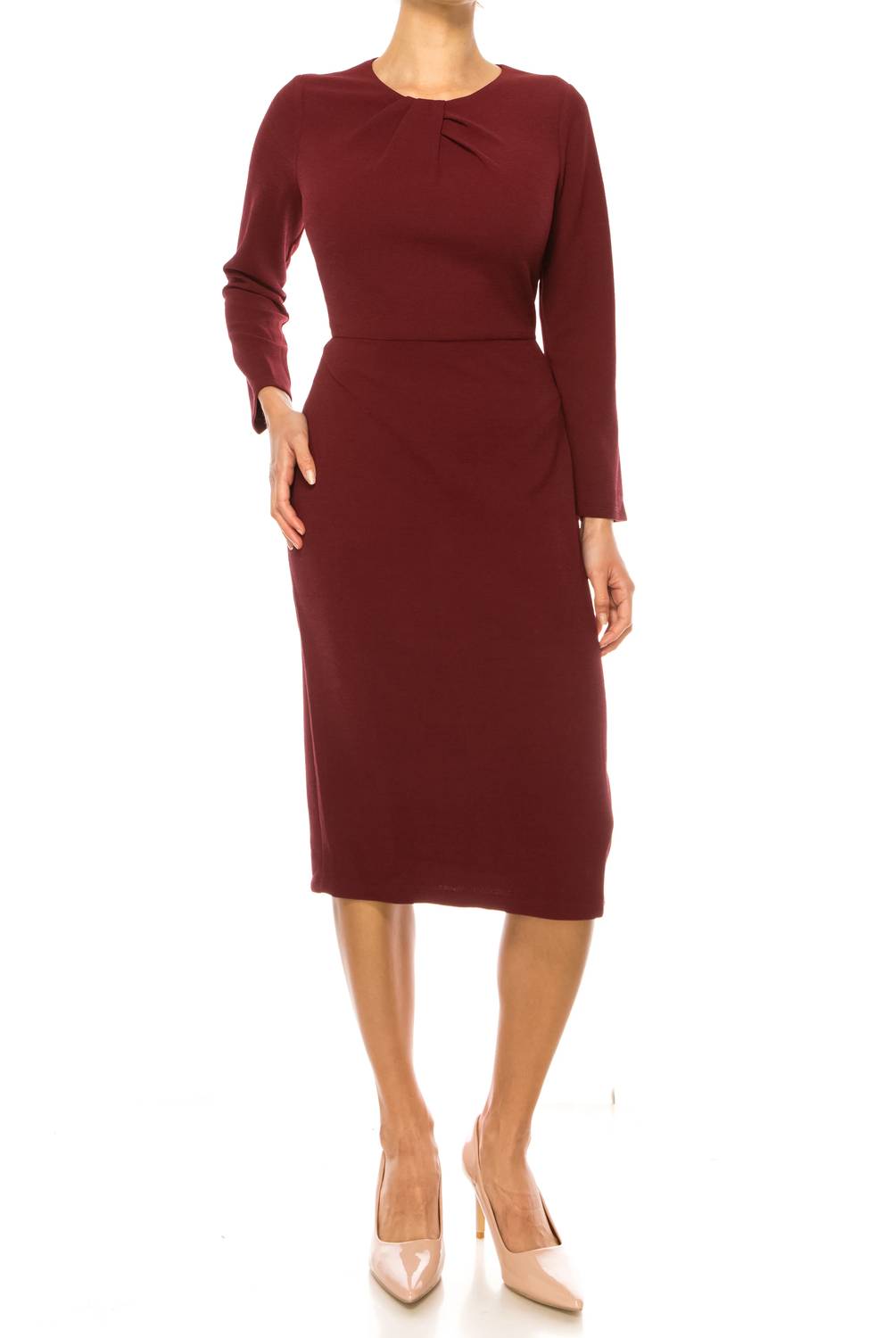 Maggy London - Long Sleeve Pleated Neck Sheath Dress
