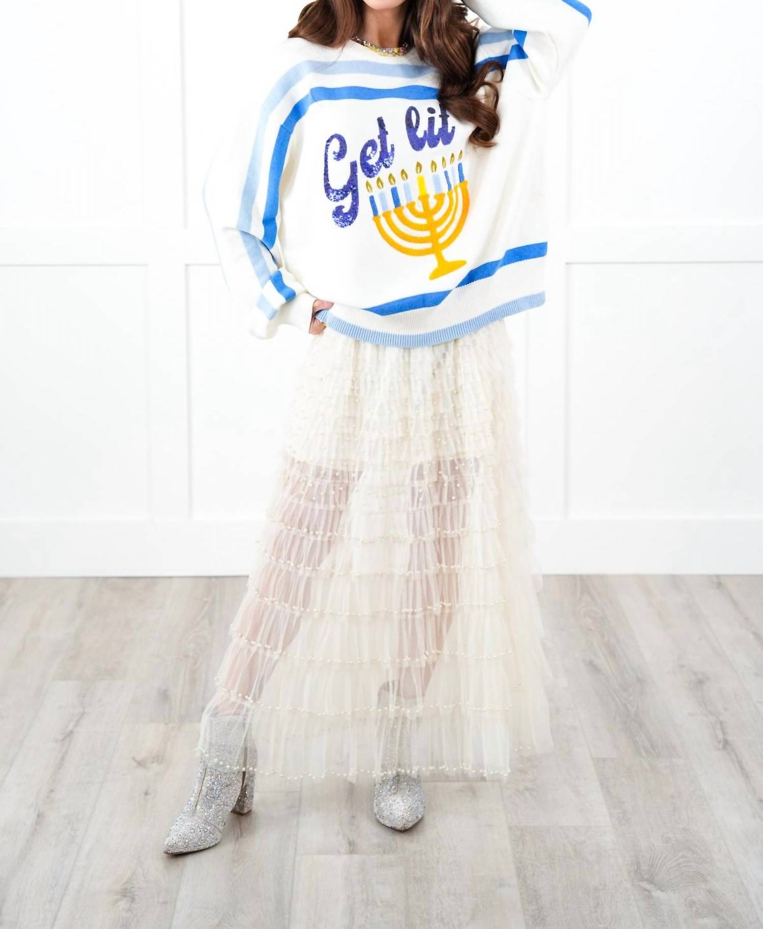 Queen Of Sparkles - "get Lit" Menorah Stripe Sweater