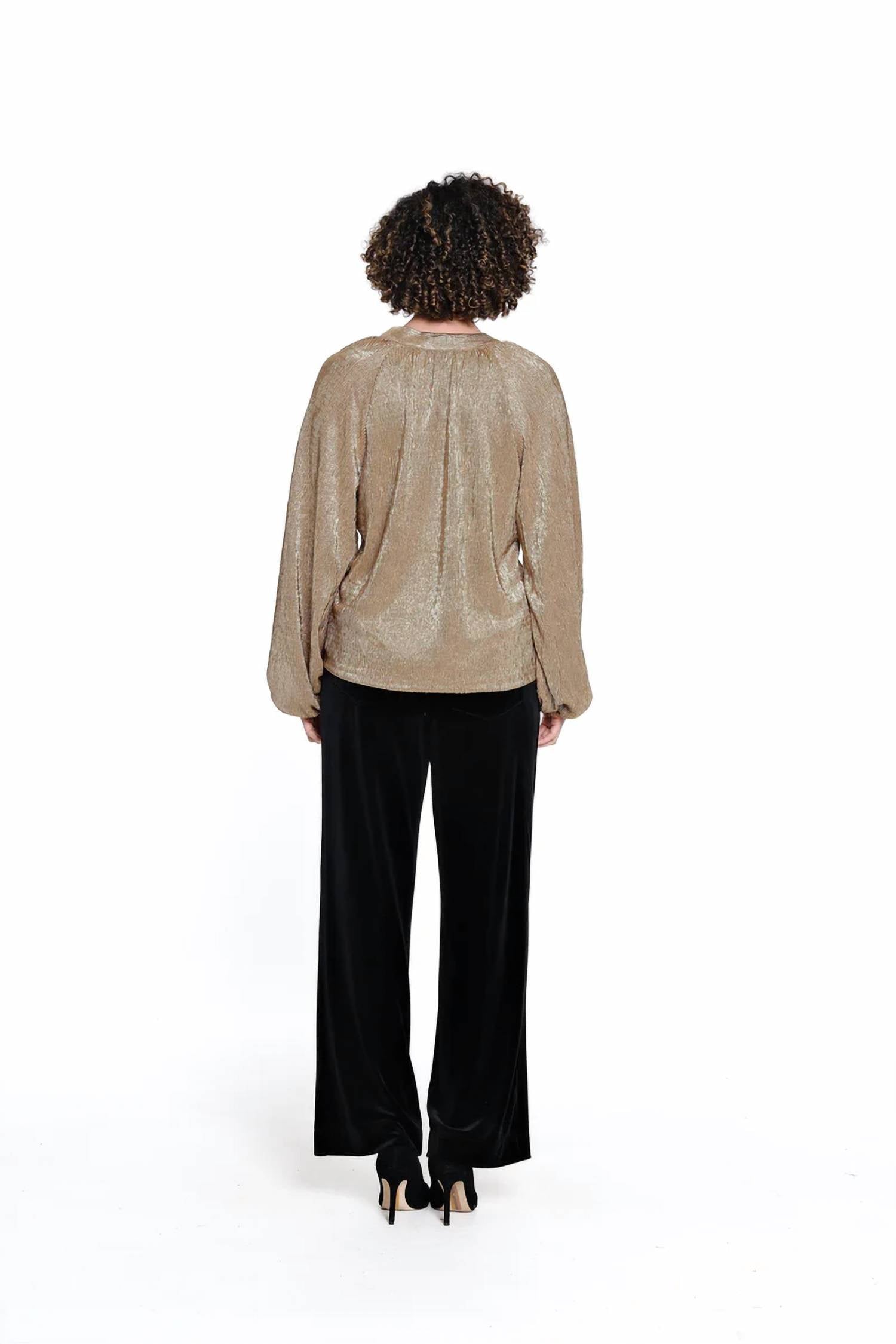 TRU LUXE Metallic Popover Top in gold - women's blouse - detail view