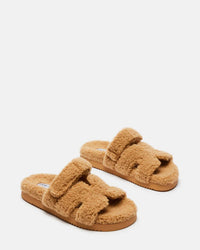 STEVE MADDEN Women's Teddy Mayven Faux Shearling Slide Sandal in camel - women's sandal - detail view