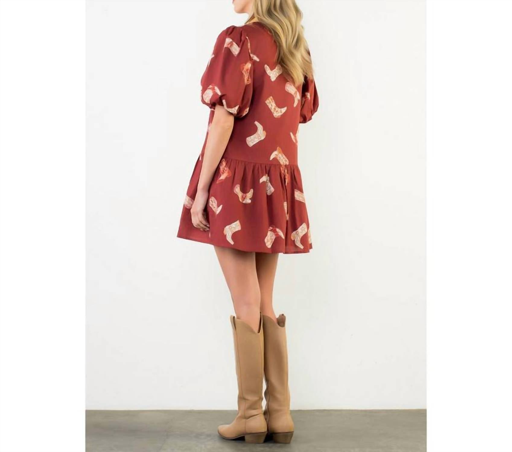 THML Puff Sleeve Boots Print Dress in burgundy - women's dress - alternate view